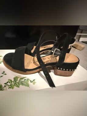 Chelsea & Violet Black Suede Ankle-Strap Stud Block Heel Sandals